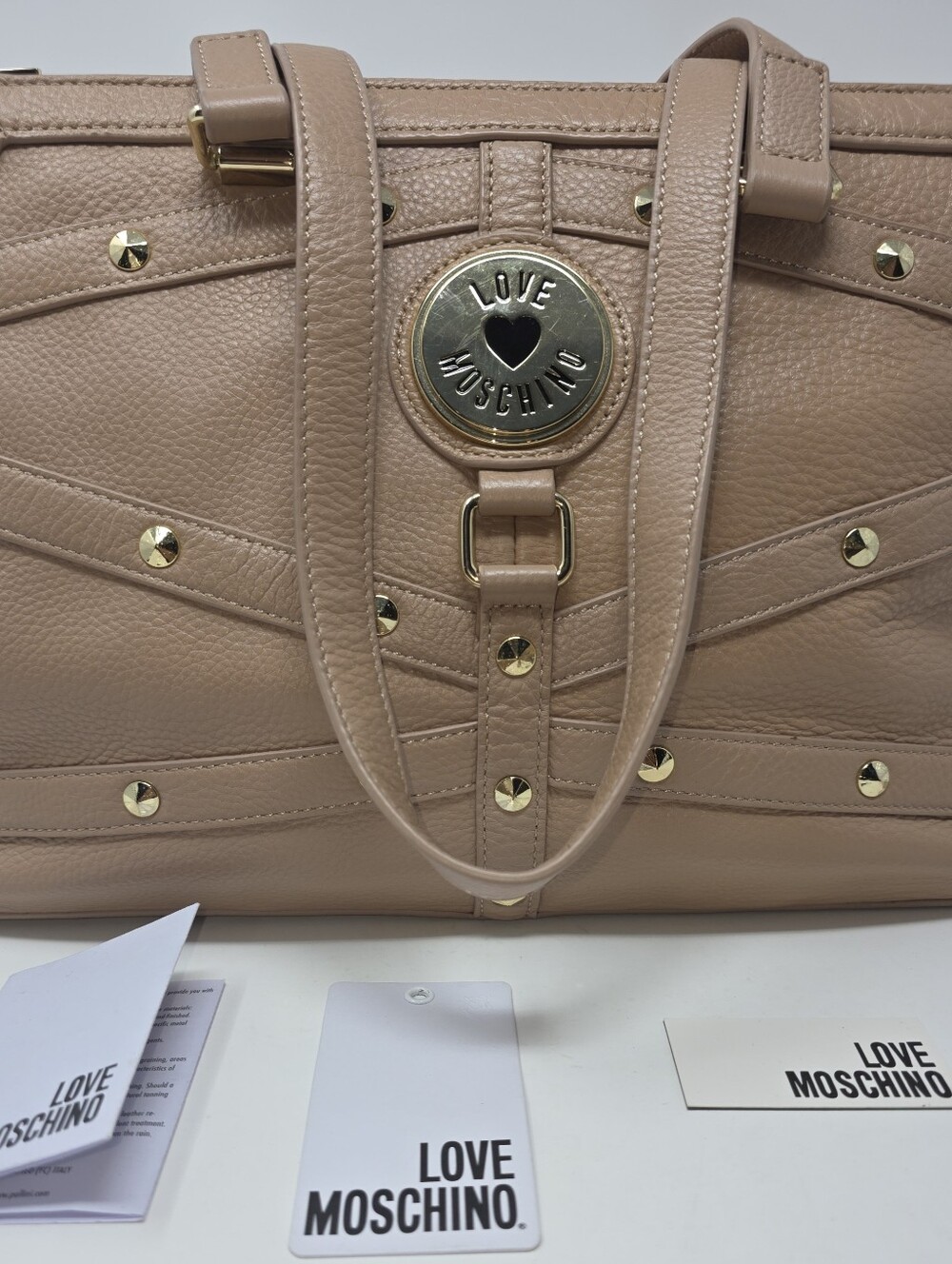 Love Moschino Milano Large Leather Borsa Gold Studded Bag Natural Grain Taupe
